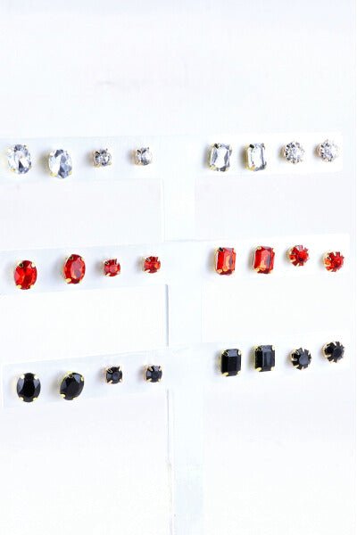 12 Pares Aretes Cristal Brillos ROJO