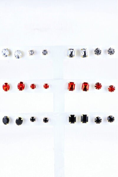 12 Pares Aretes Cristal Brillos ROJO