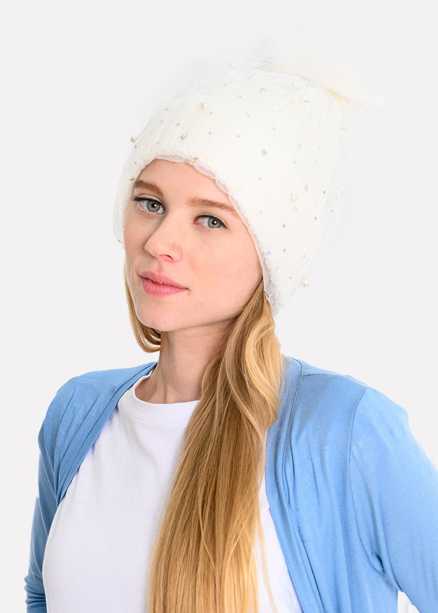 Beanie tejido punto perlas estrellas BLANCO