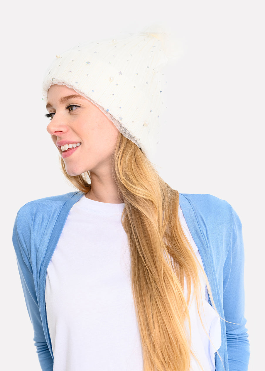 Beanie tejido punto perlas estrellas BLANCO