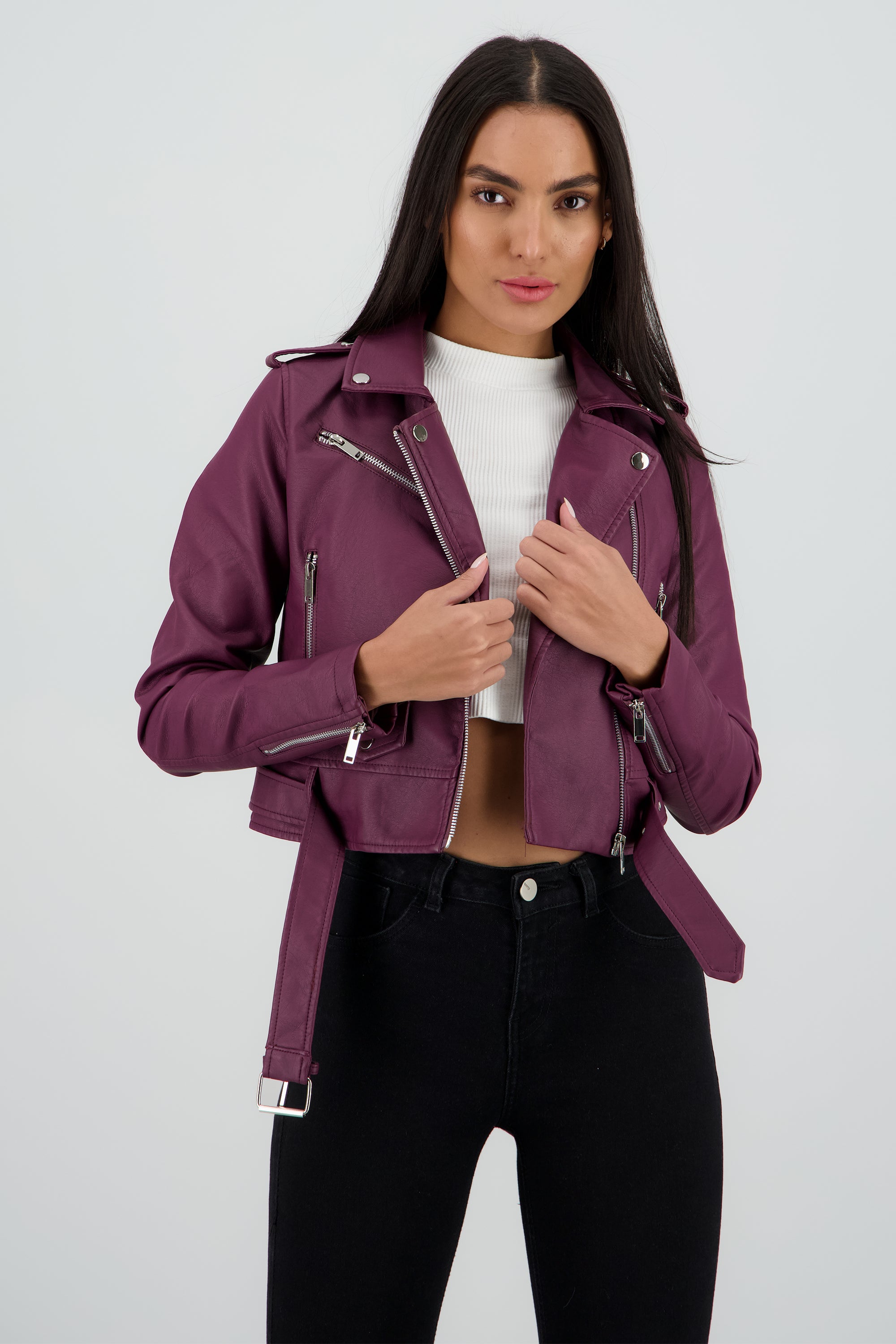 Chamarra Biker Efecto Piel Cierre VINO COMBO