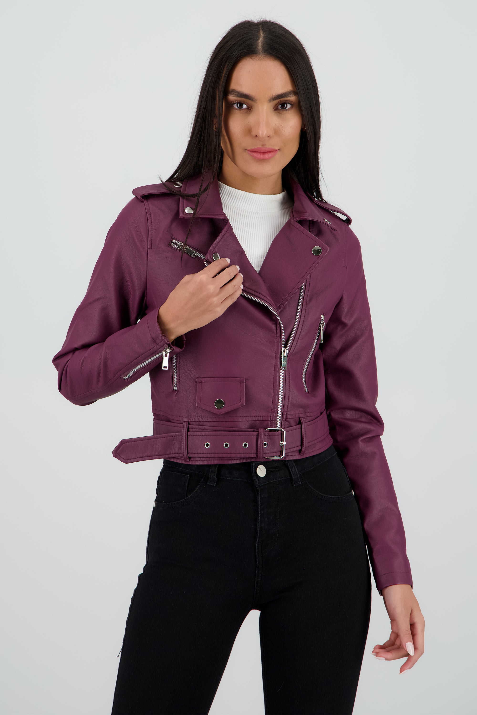 Chamarra Biker Efecto Piel Cierre VINO COMBO