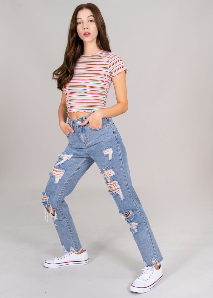 Mom Jeans High Super Destruction fringes Light Wash