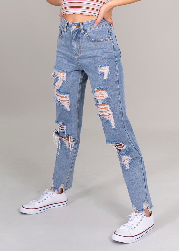 Mom Jeans High Super Destruction fringes Light Wash