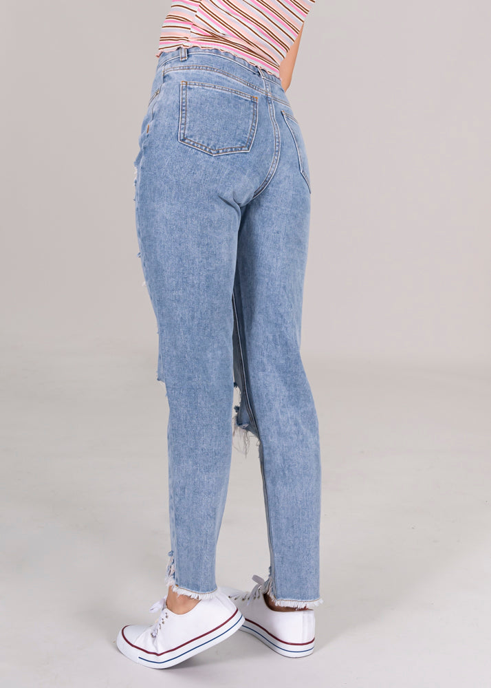 Mom Jeans High Super Destruction fringes Light Wash