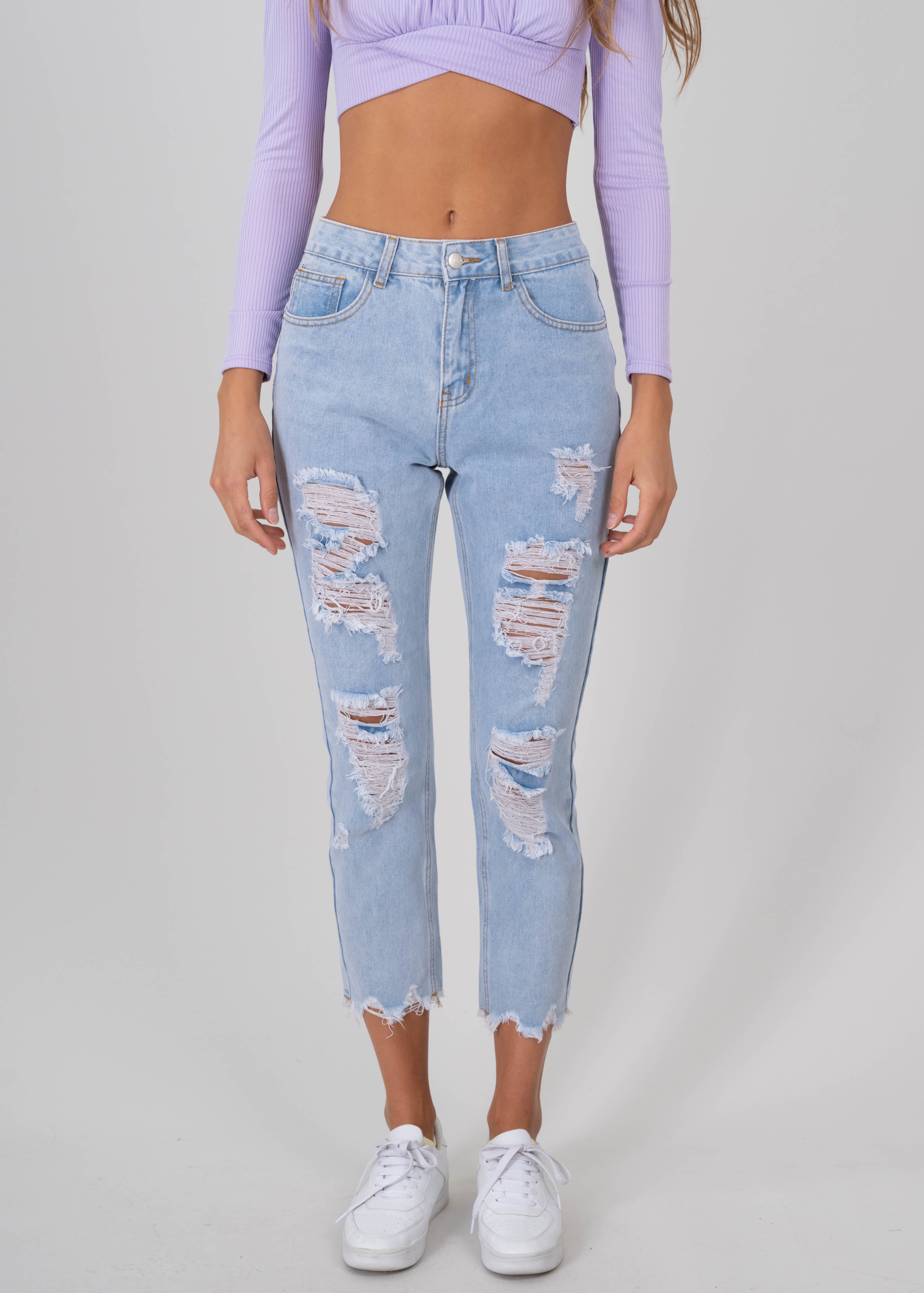 Mom Jeans High Super Destruction fringes Light Wash