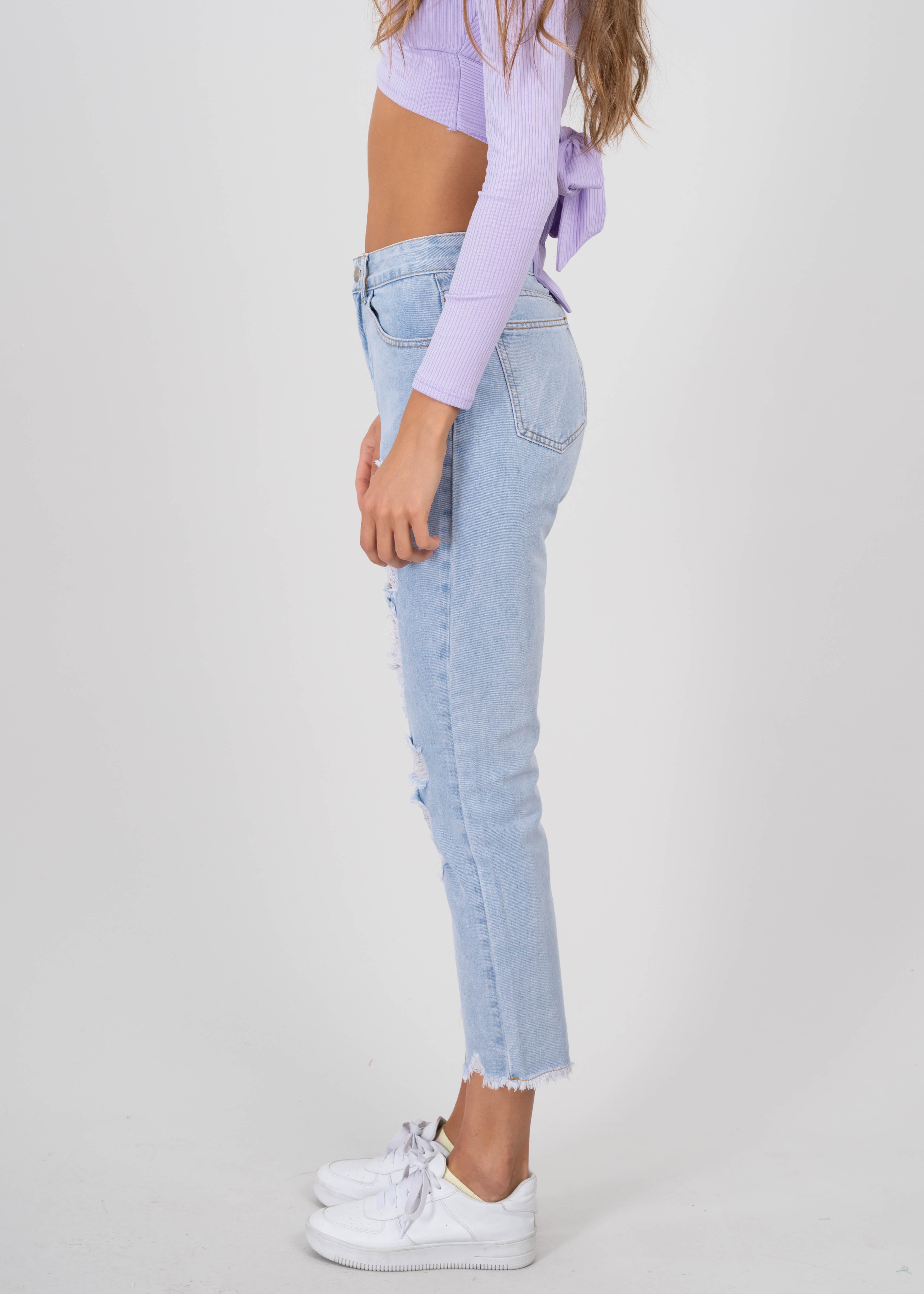 Mom Jeans High Super Destruction fringes Light Wash