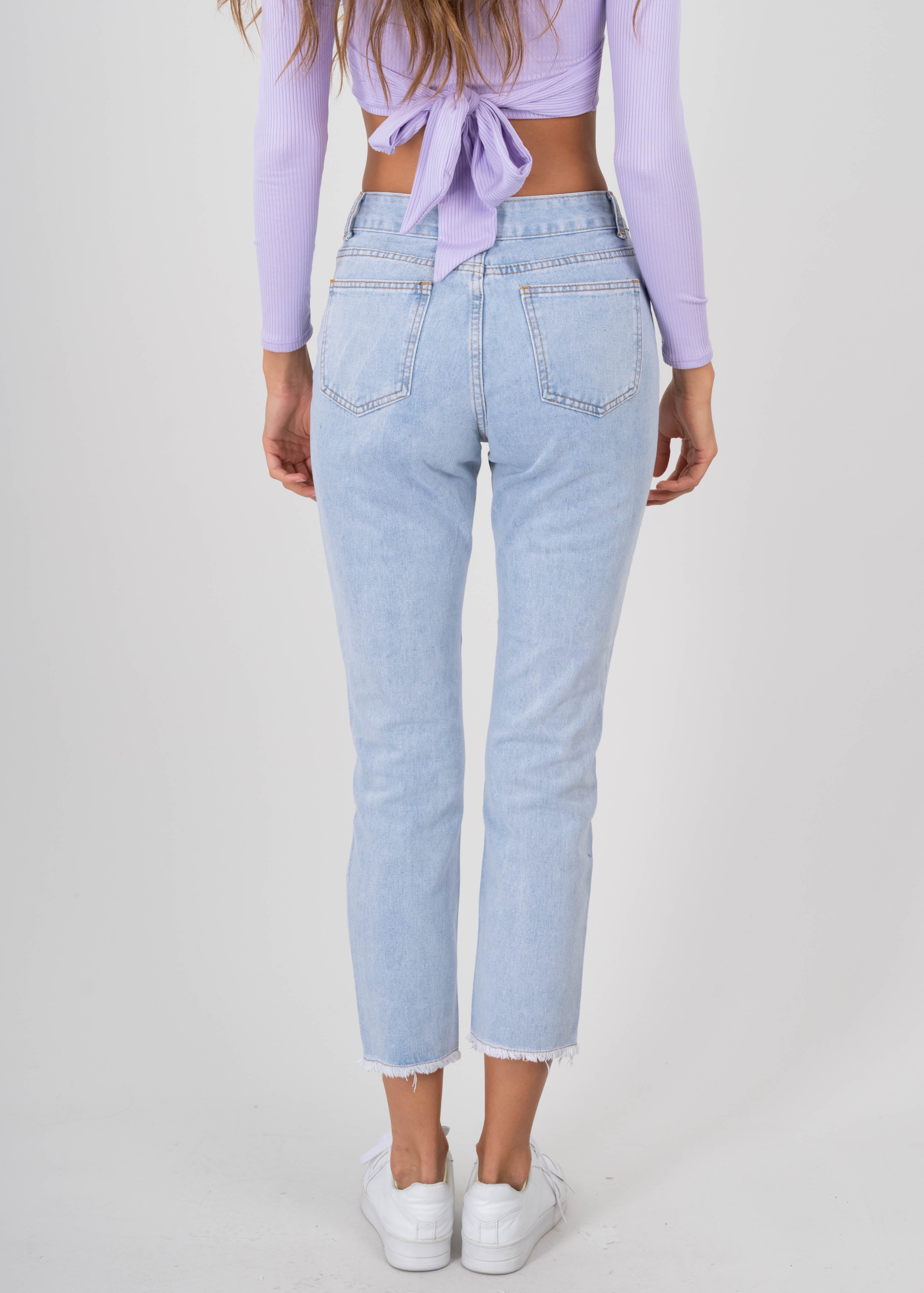 Mom Jeans High Super Destruction fringes Light Wash