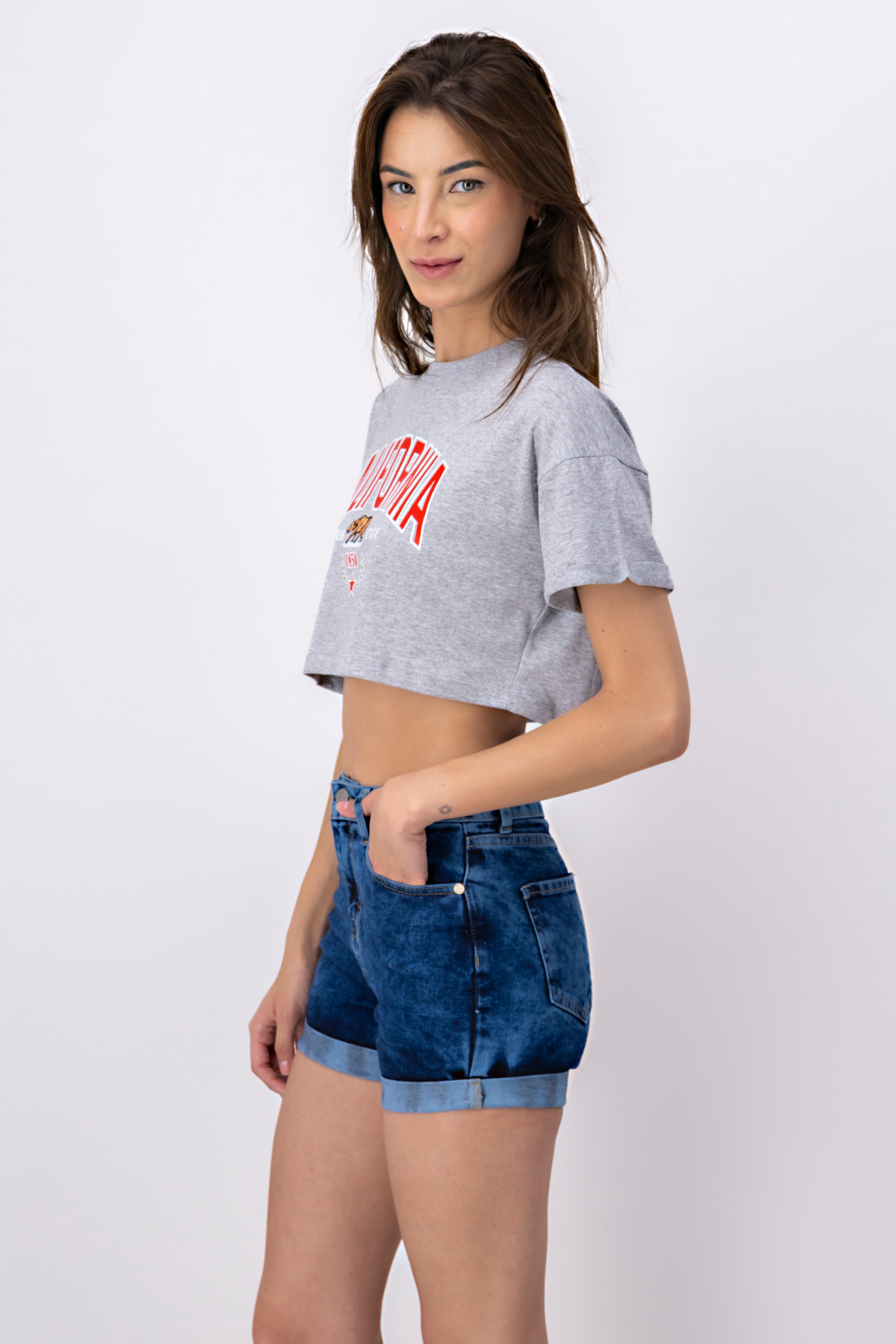 Playera Crop California GRIS CLARO