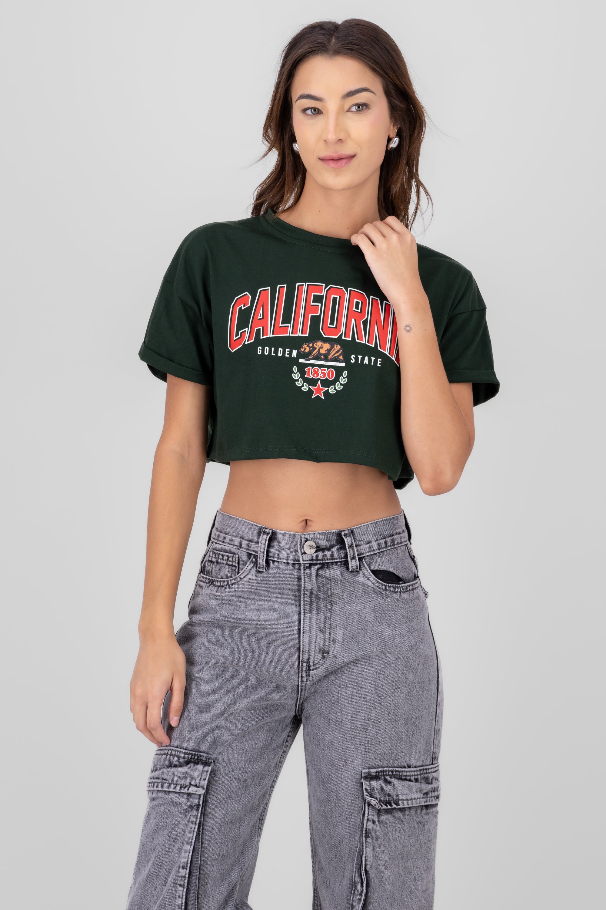 Playera Crop California VERDE BOTELLA