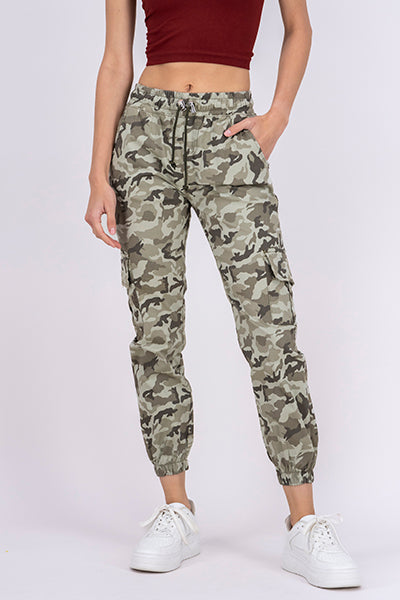 Jeans Waist High Camouflage Cordon Light green