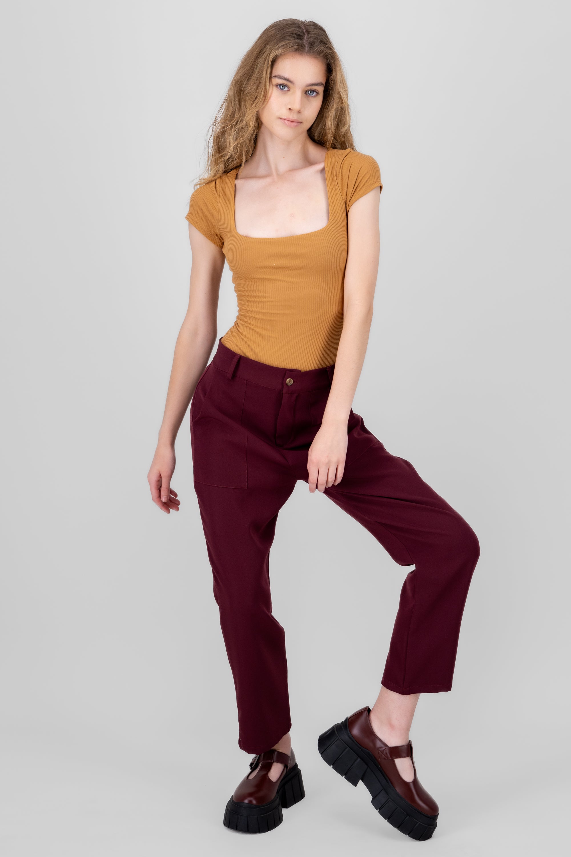 High Capri waist pants bags PLUM