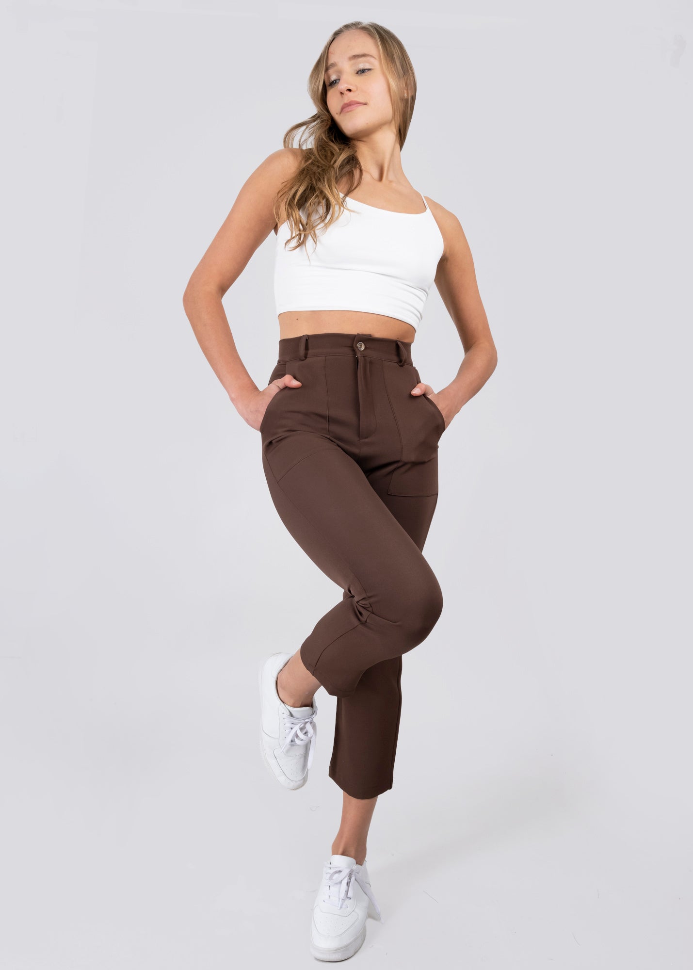 High Capri waist pants bags COFFEE
