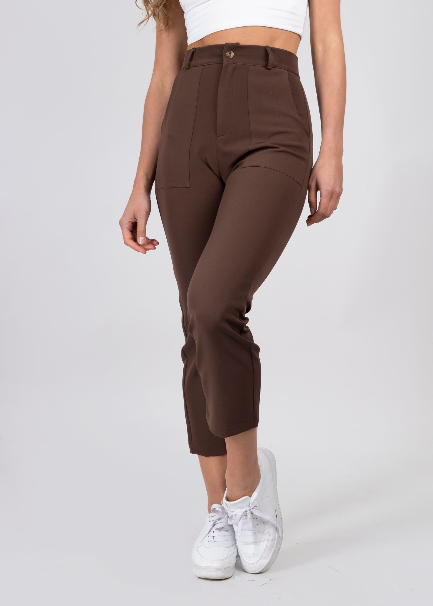 High Capri waist pants bags COFFEE