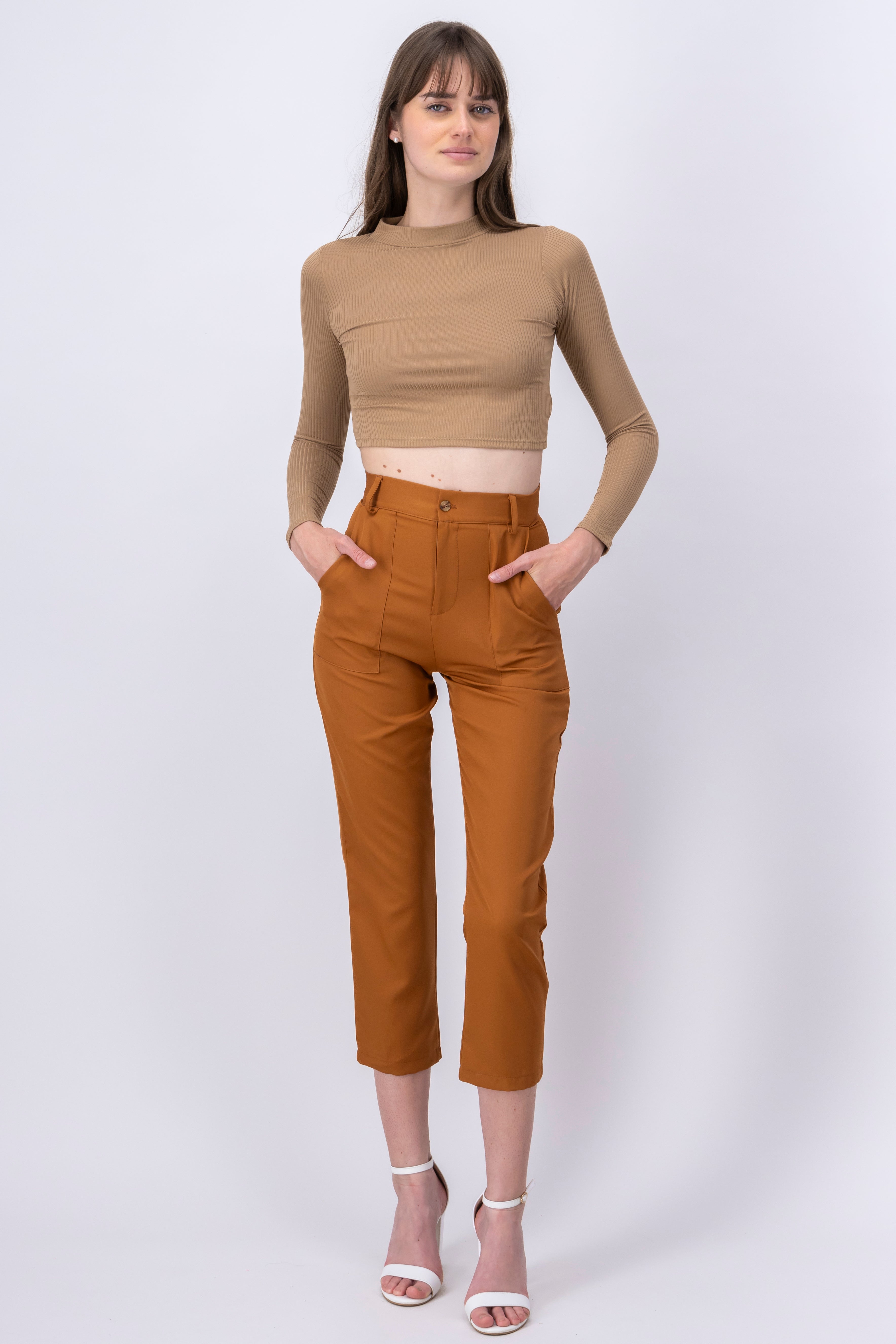 High Capri waist pants bags Taupe