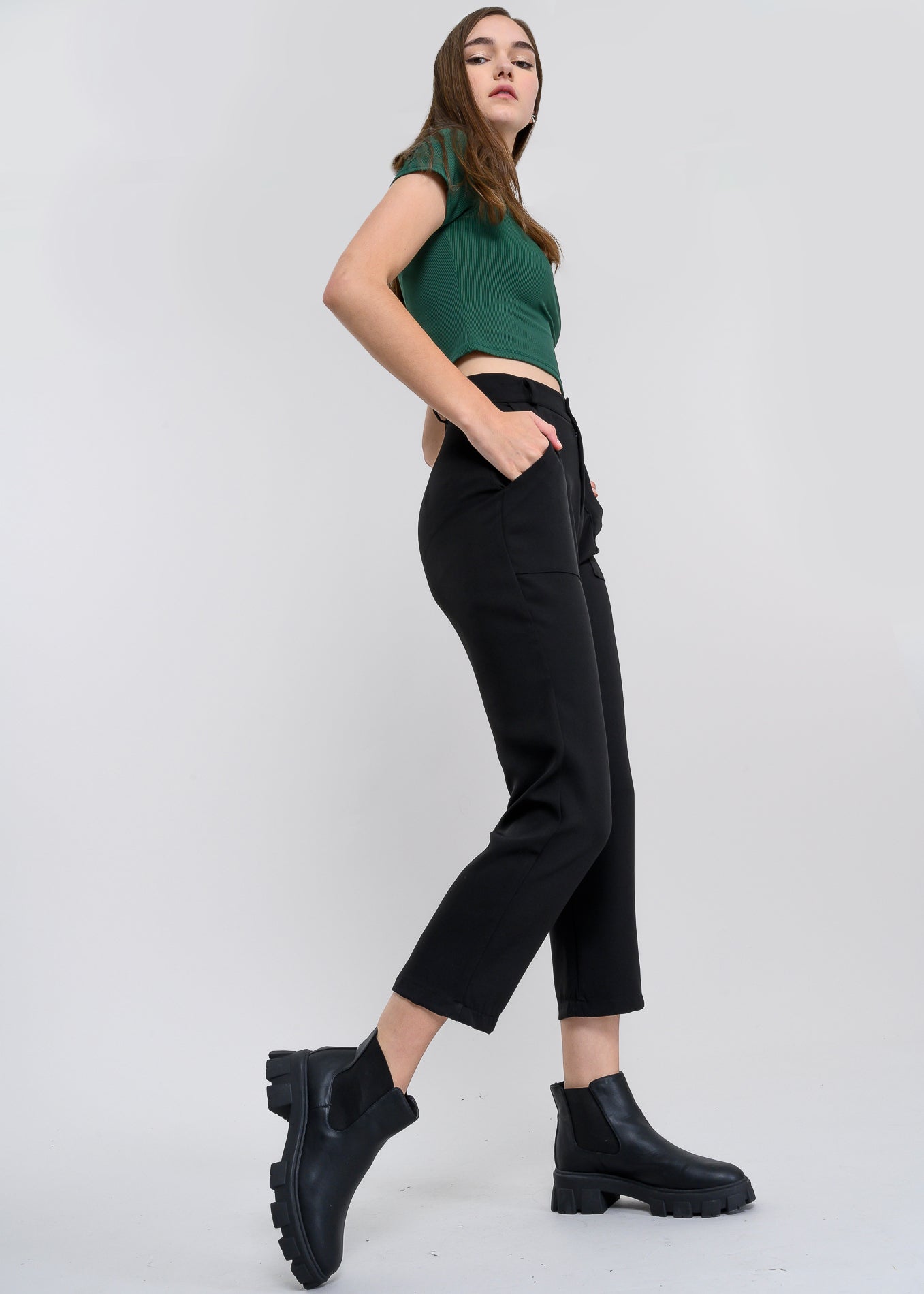 High Capri waist pants bags BLACK