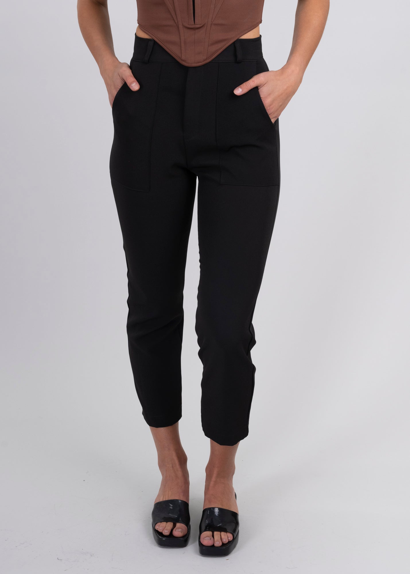 High Capri waist pants bags BLACK