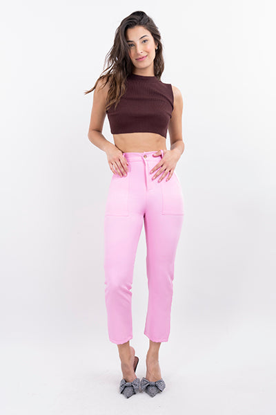 High Capri waist pants bags Pastel pink