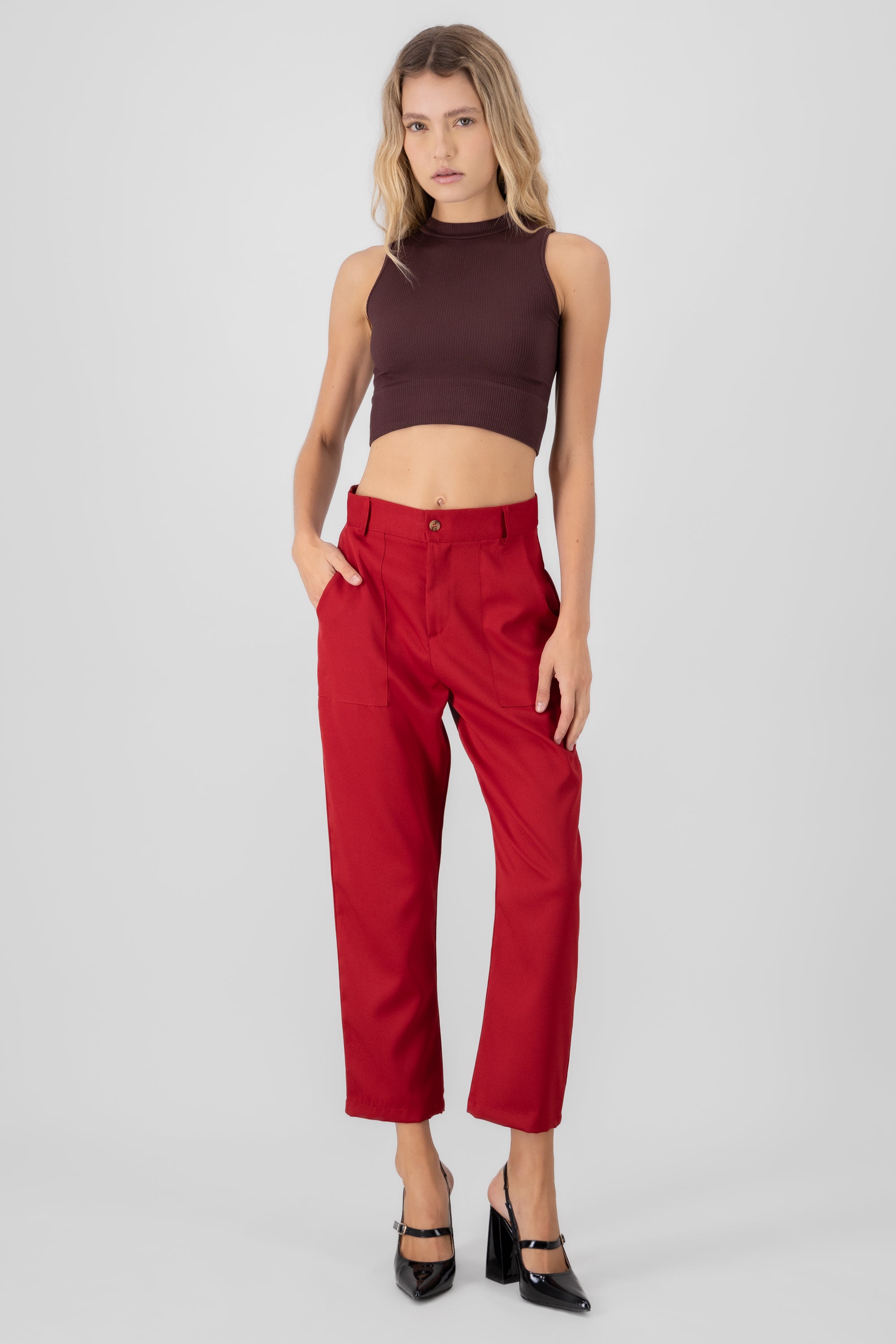 High Capri waist pants bags Red tomato