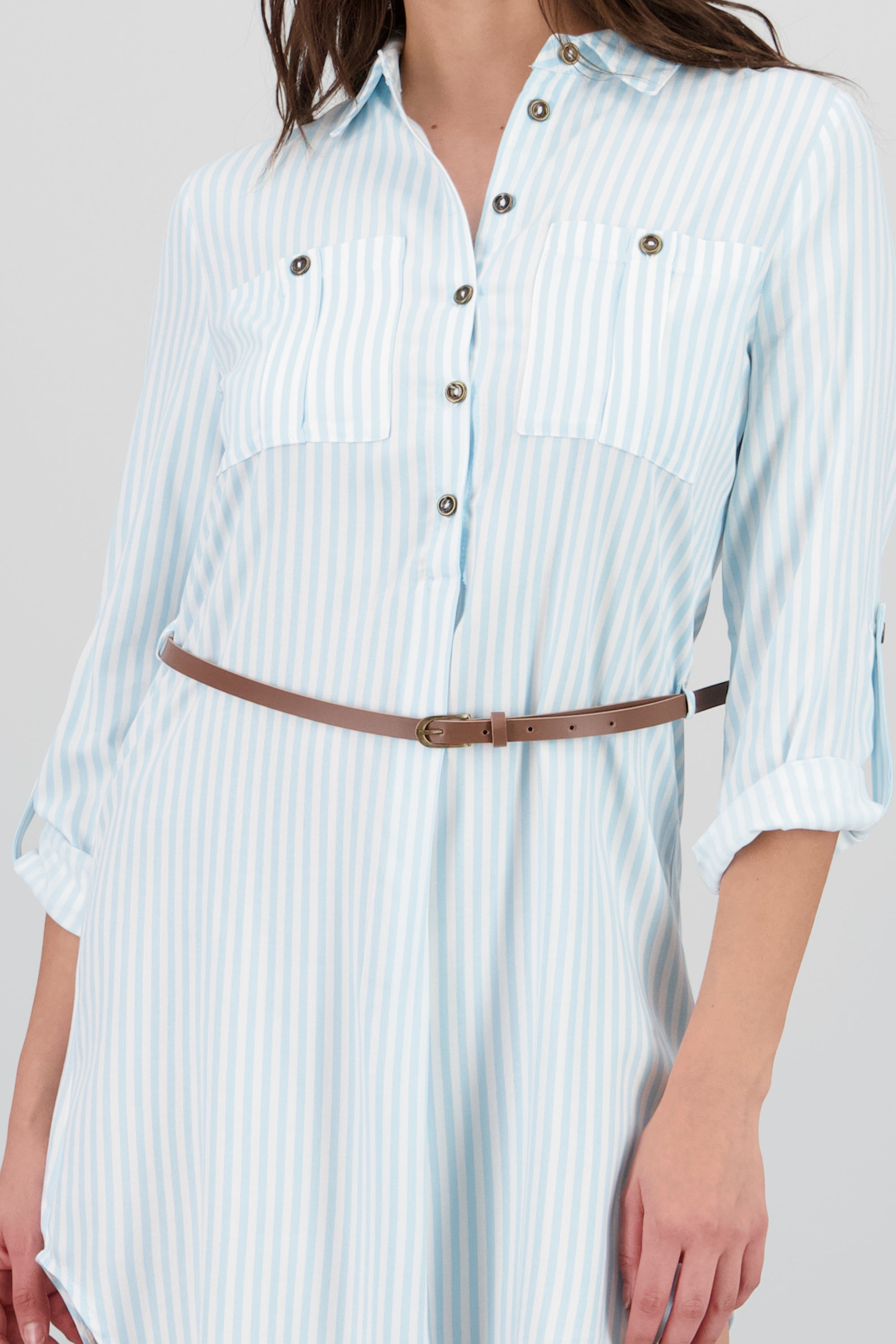 Vestido Mini Camisero Estampado Rayas AZUL PASTEL