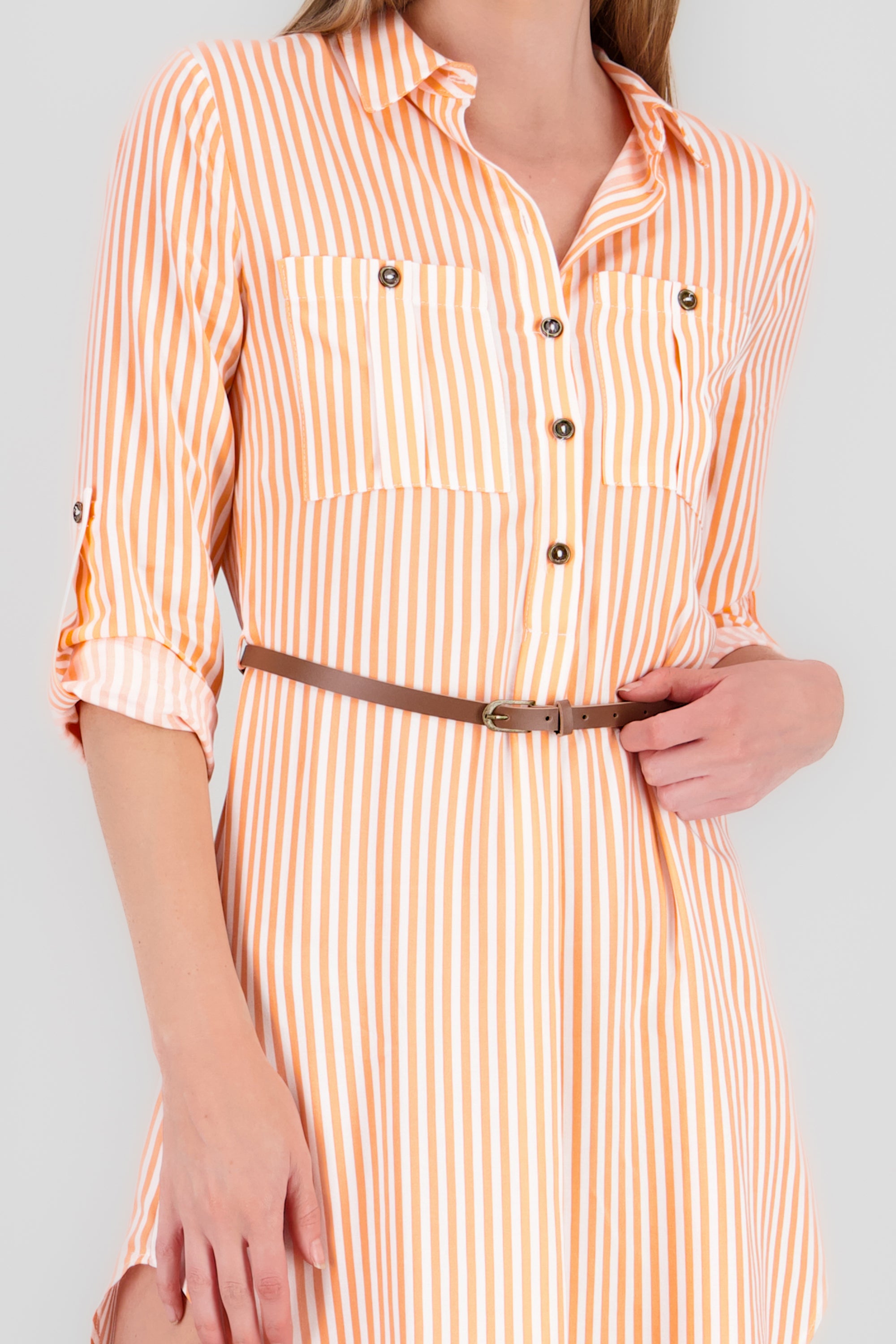 Vestido Mini Camisero Estampado Rayas DURAZNO