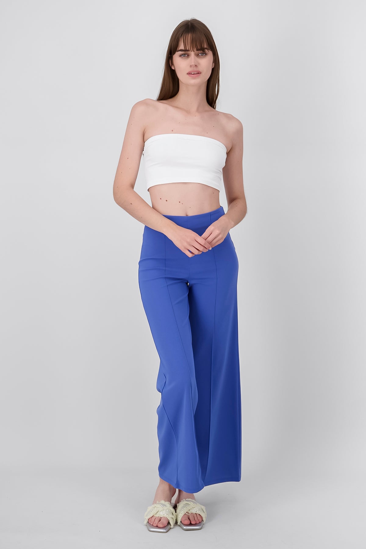 Pantalón Wide Leg Cintura Alta Costuras AZUL PATO