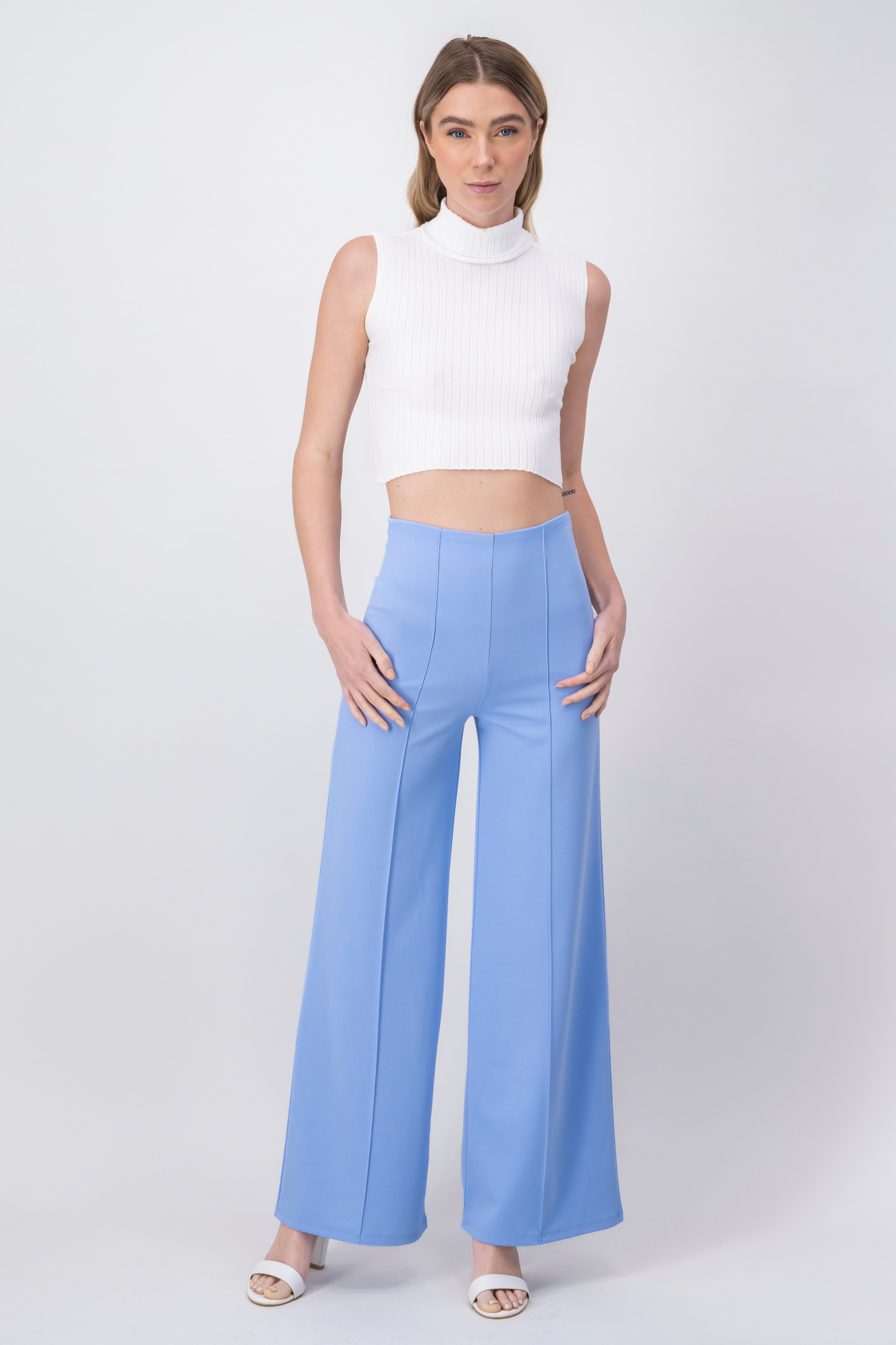 Wide leg pants high seams waist PASTEL BLUE