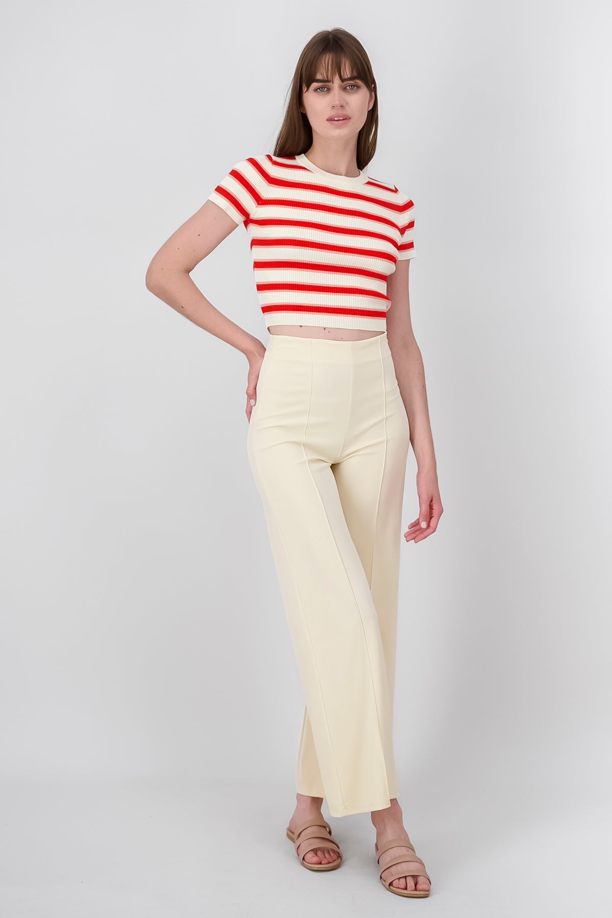 Pantalón Wide Leg Cintura Alta Costuras CREMA