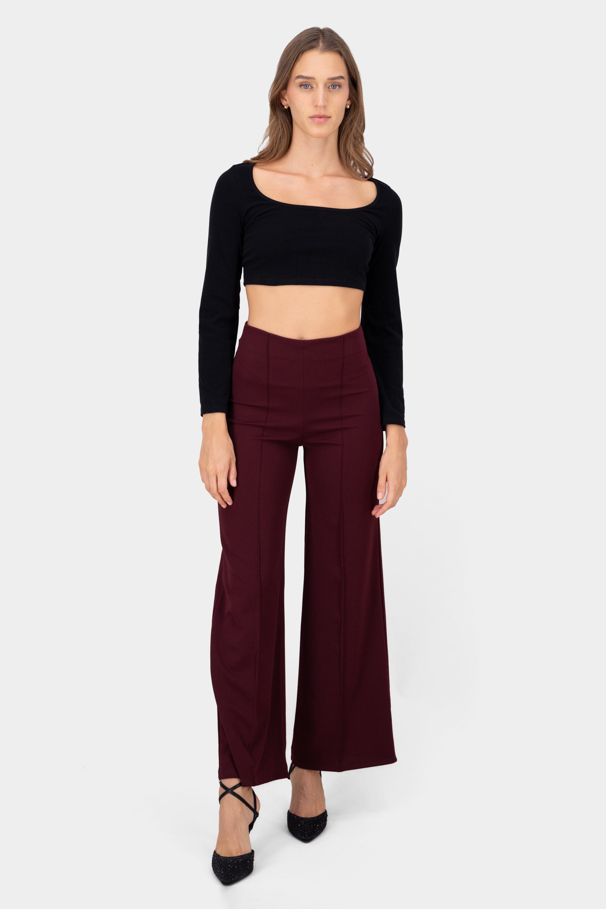 Wide leg pants high seams waist PLUM