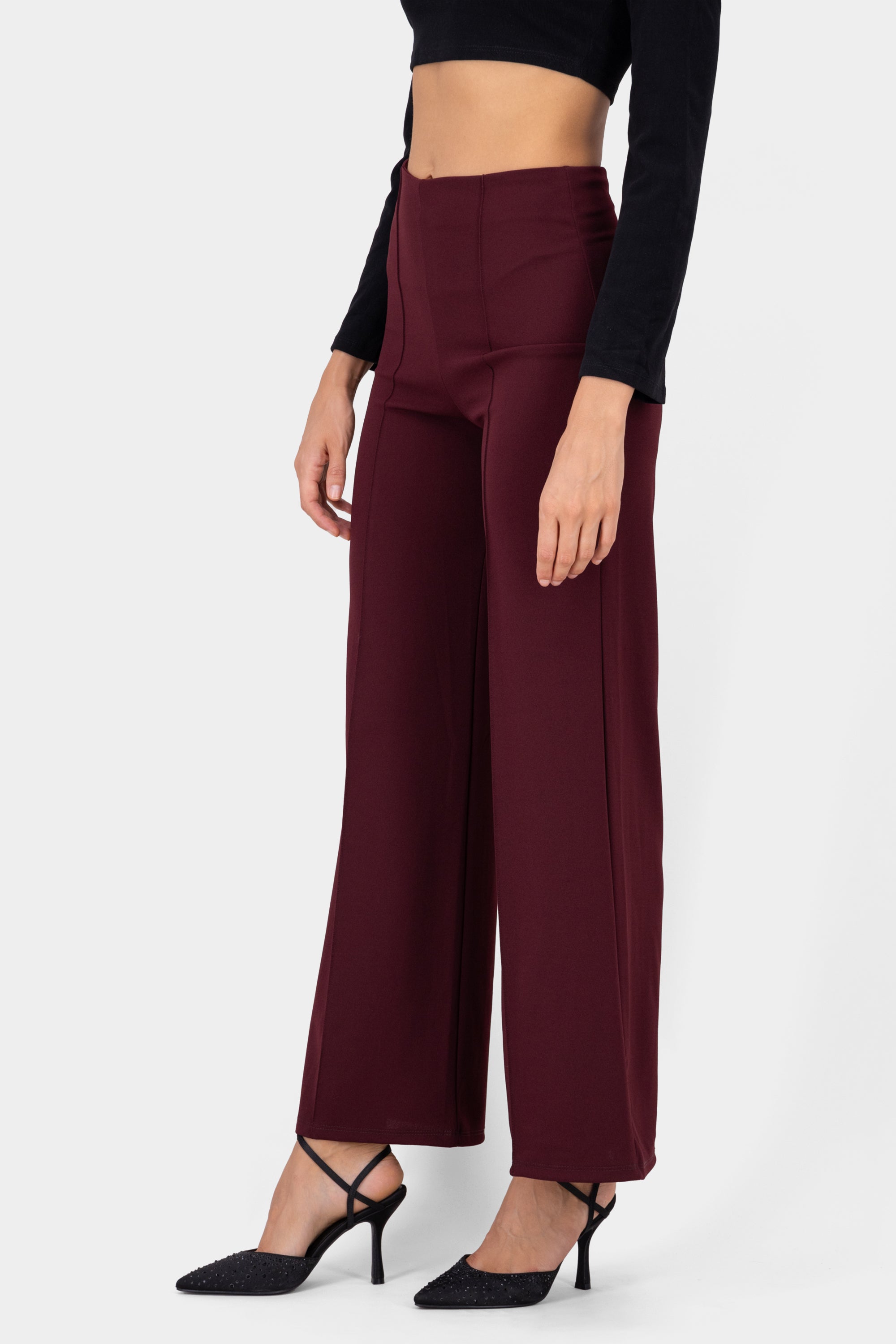 Wide leg pants high seams waist PLUM