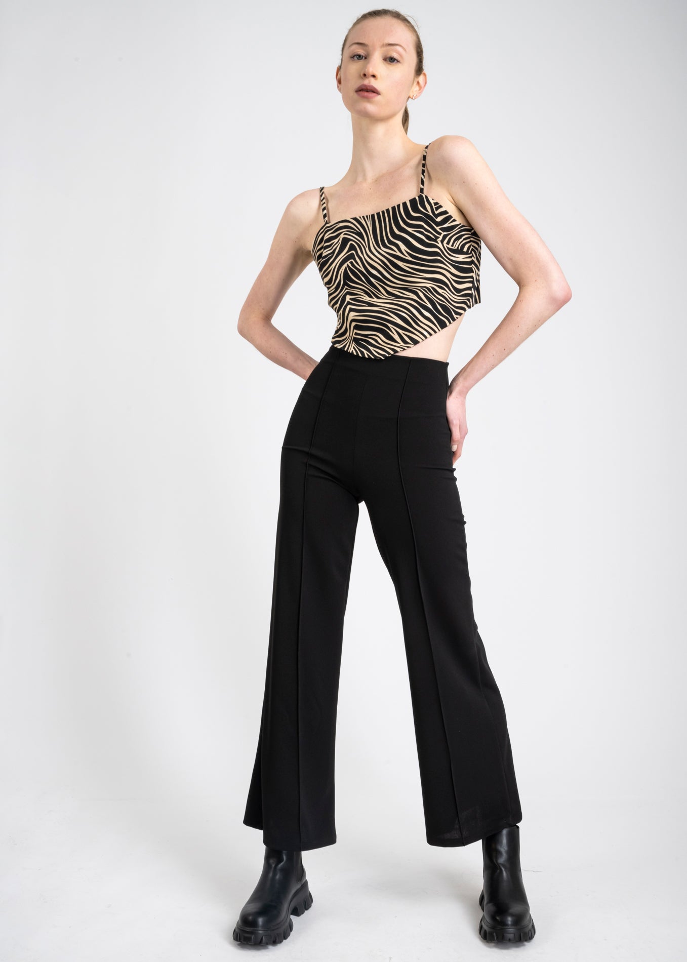 Wide leg pants high seams waist BLACK