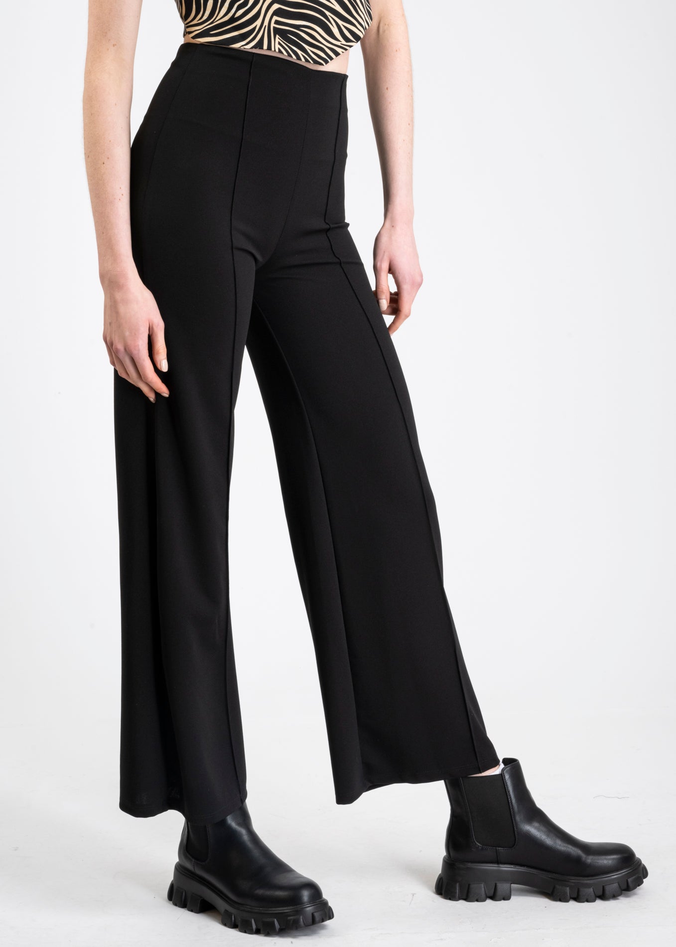 Wide leg pants high seams waist BLACK