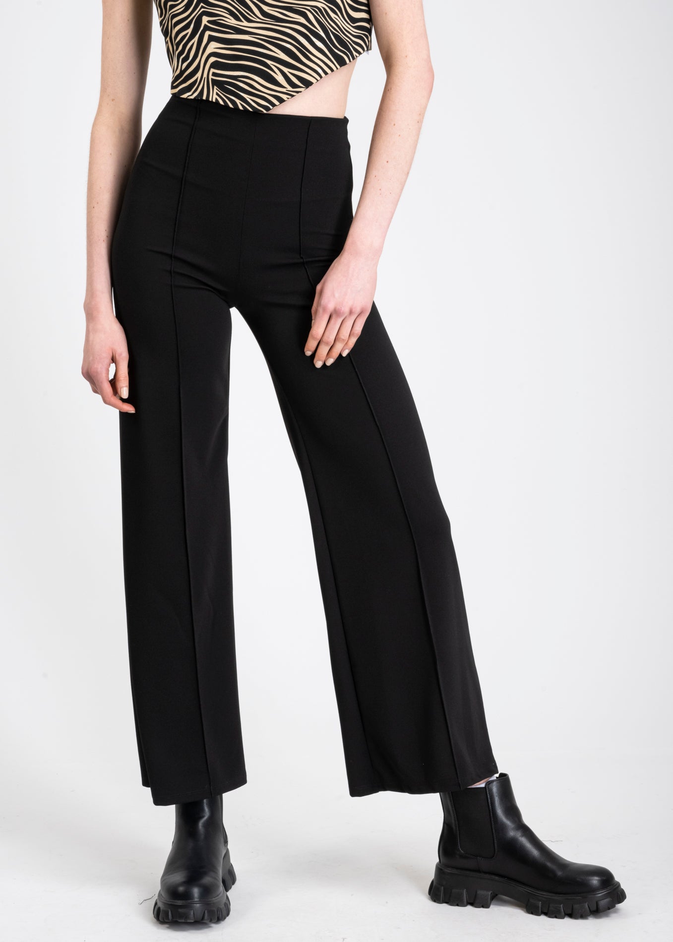 Wide leg pants high seams waist BLACK