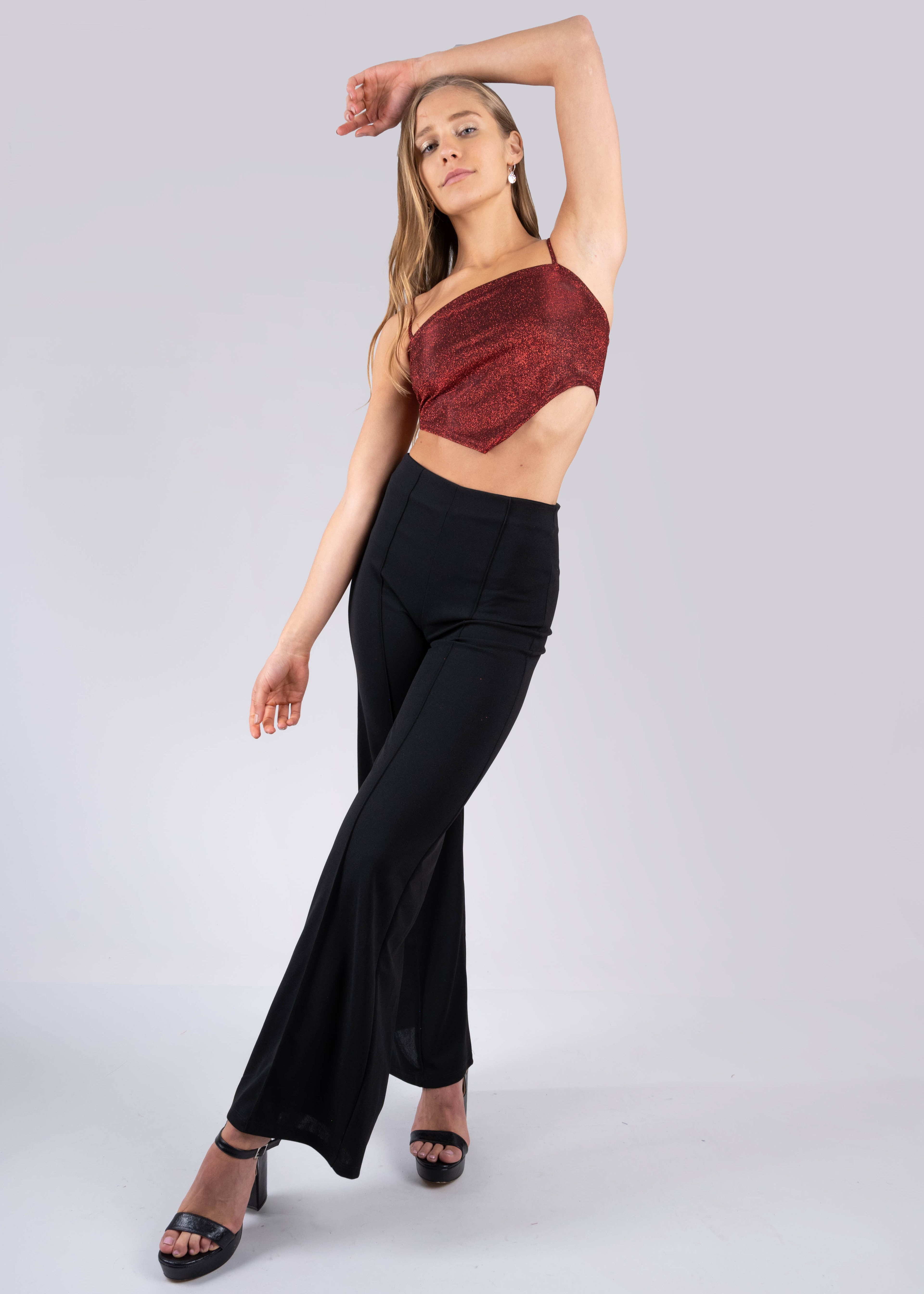 Wide leg pants high seams waist BLACK