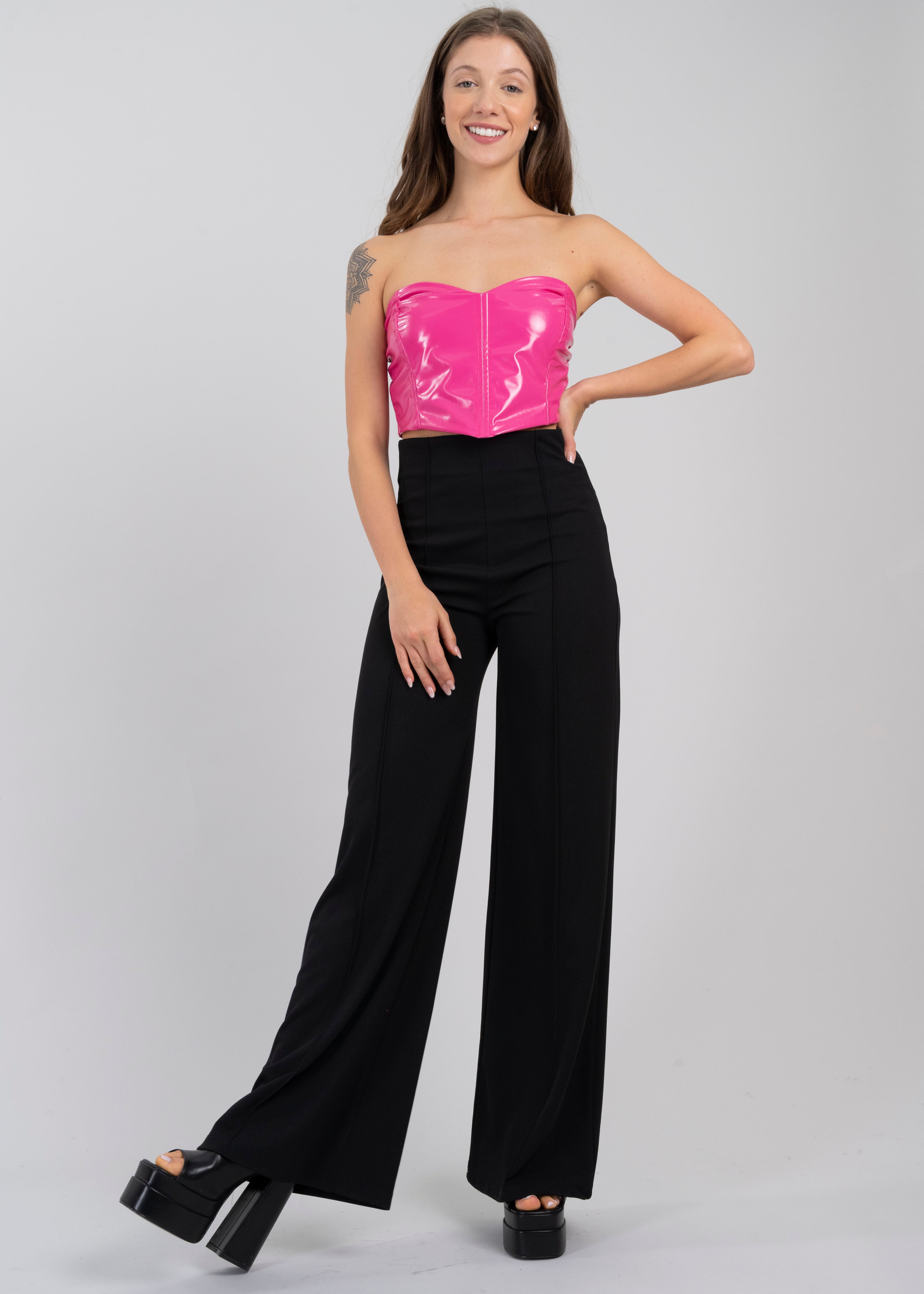 Wide leg pants high seams waist BLACK