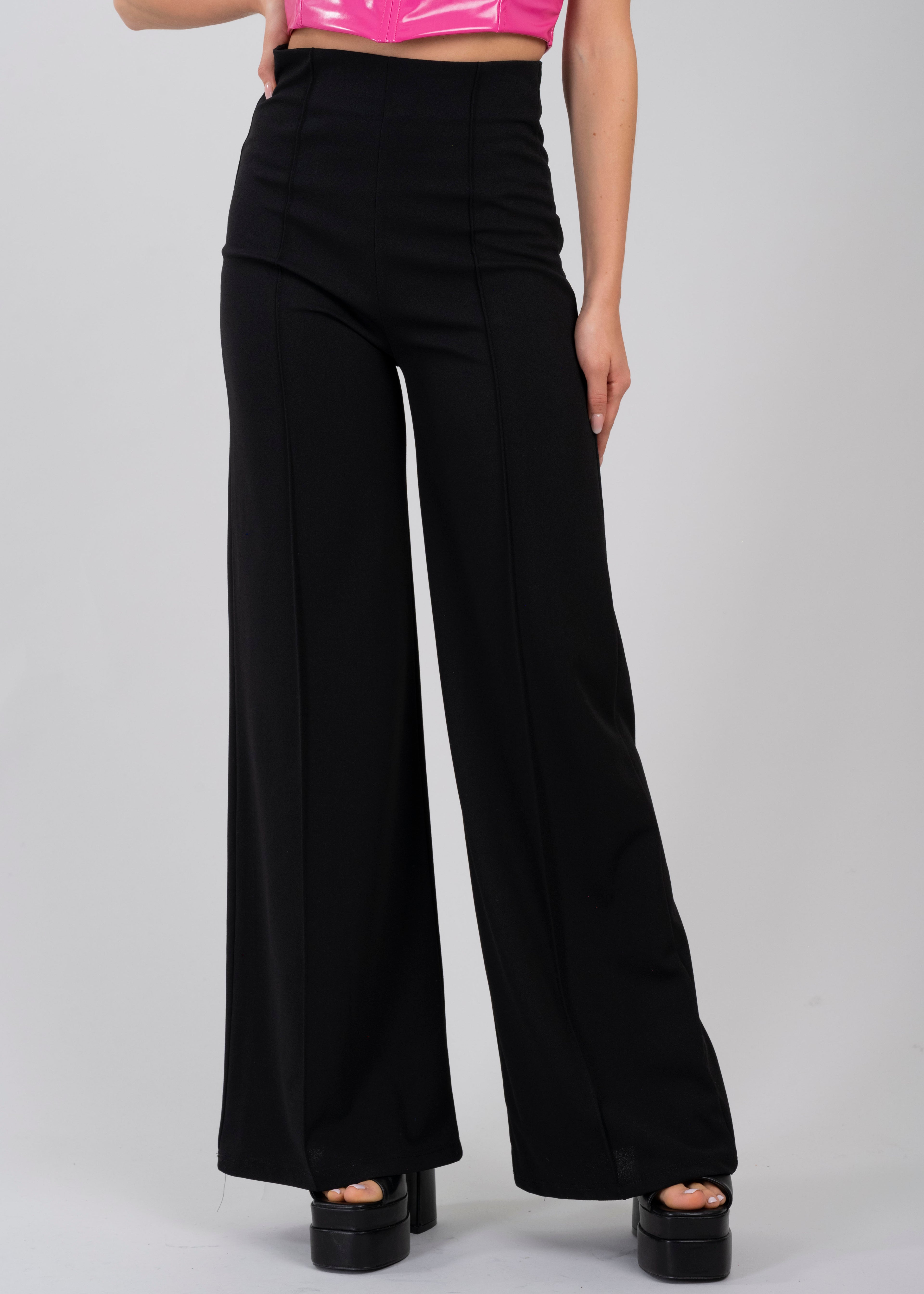 Wide leg pants high seams waist BLACK