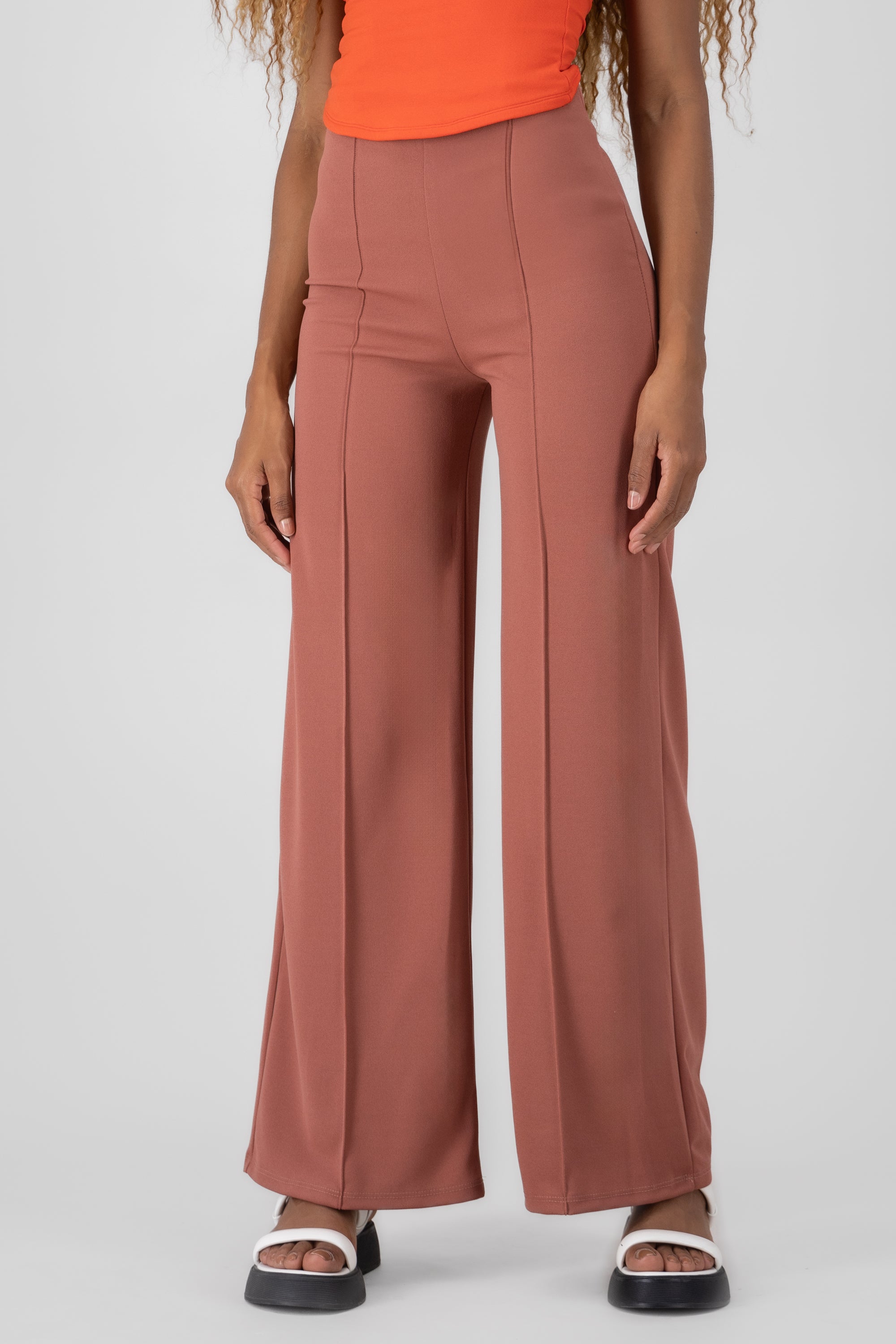 Wide leg pants high seams waist Marsala