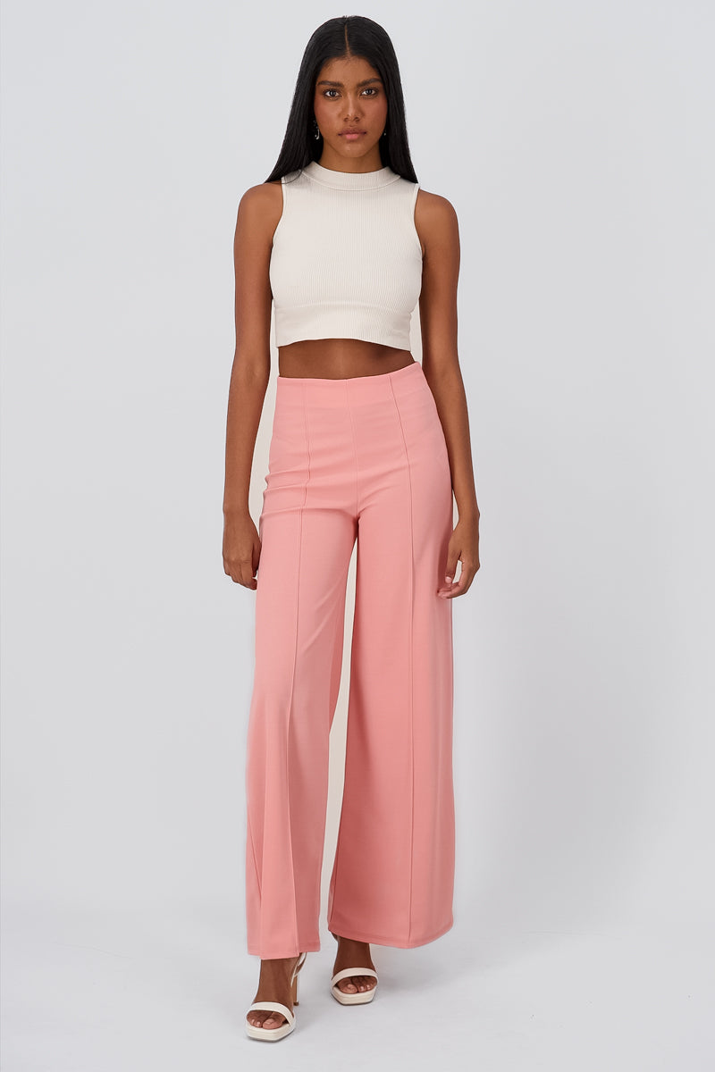 Pantalón Wide Leg Cintura Alta Costuras ROSA PASTEL