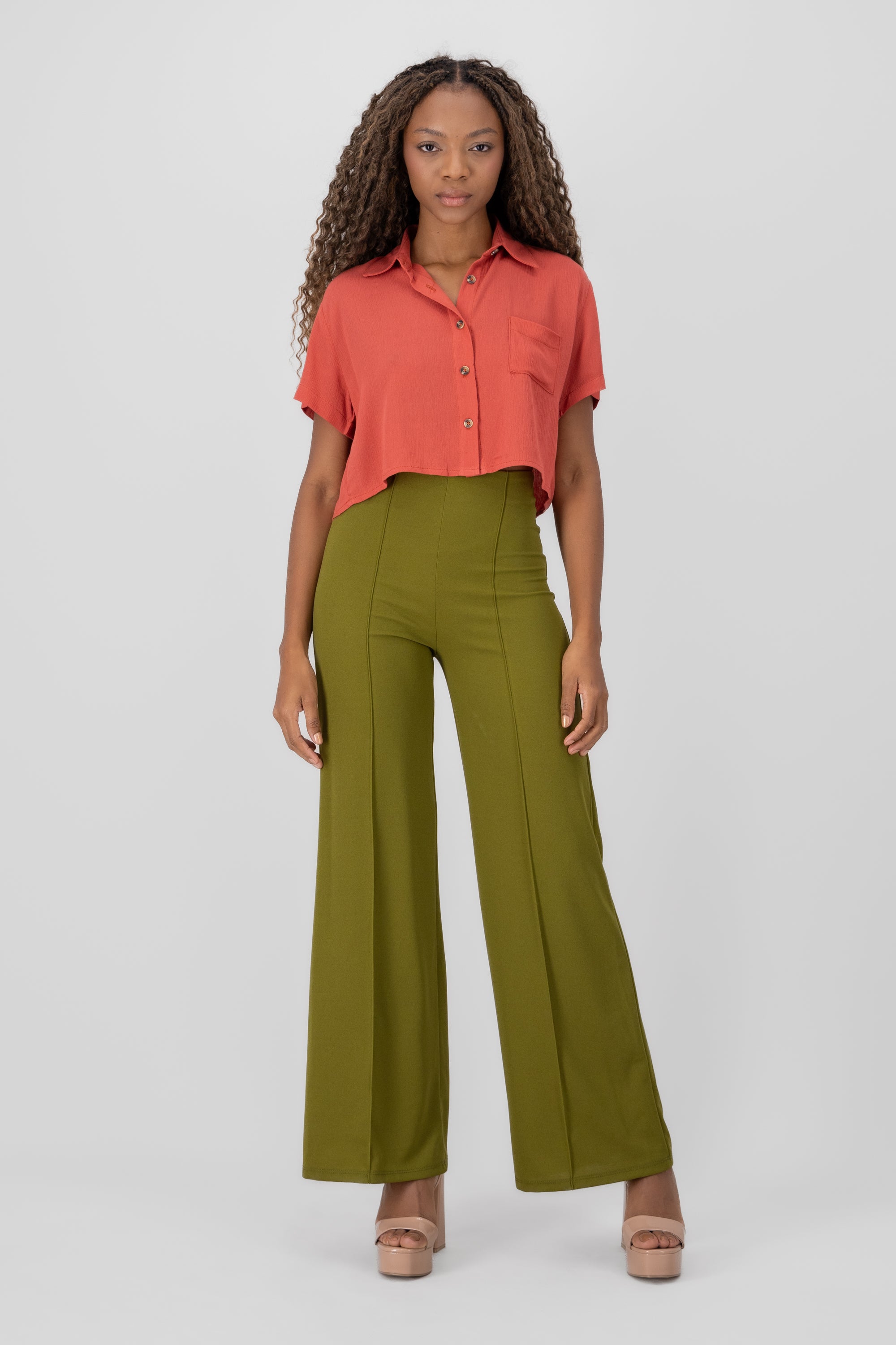 Wide leg pants high seams waist Pasto green