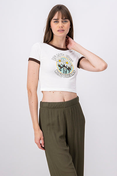 Playera Crop Frase Flores HUESO COMBO