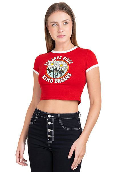 Playera Crop Frase Flores ROJO