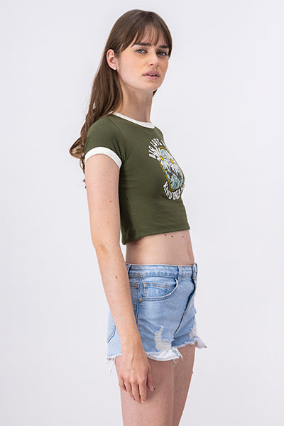 Playera Crop Frase Flores OLIVO