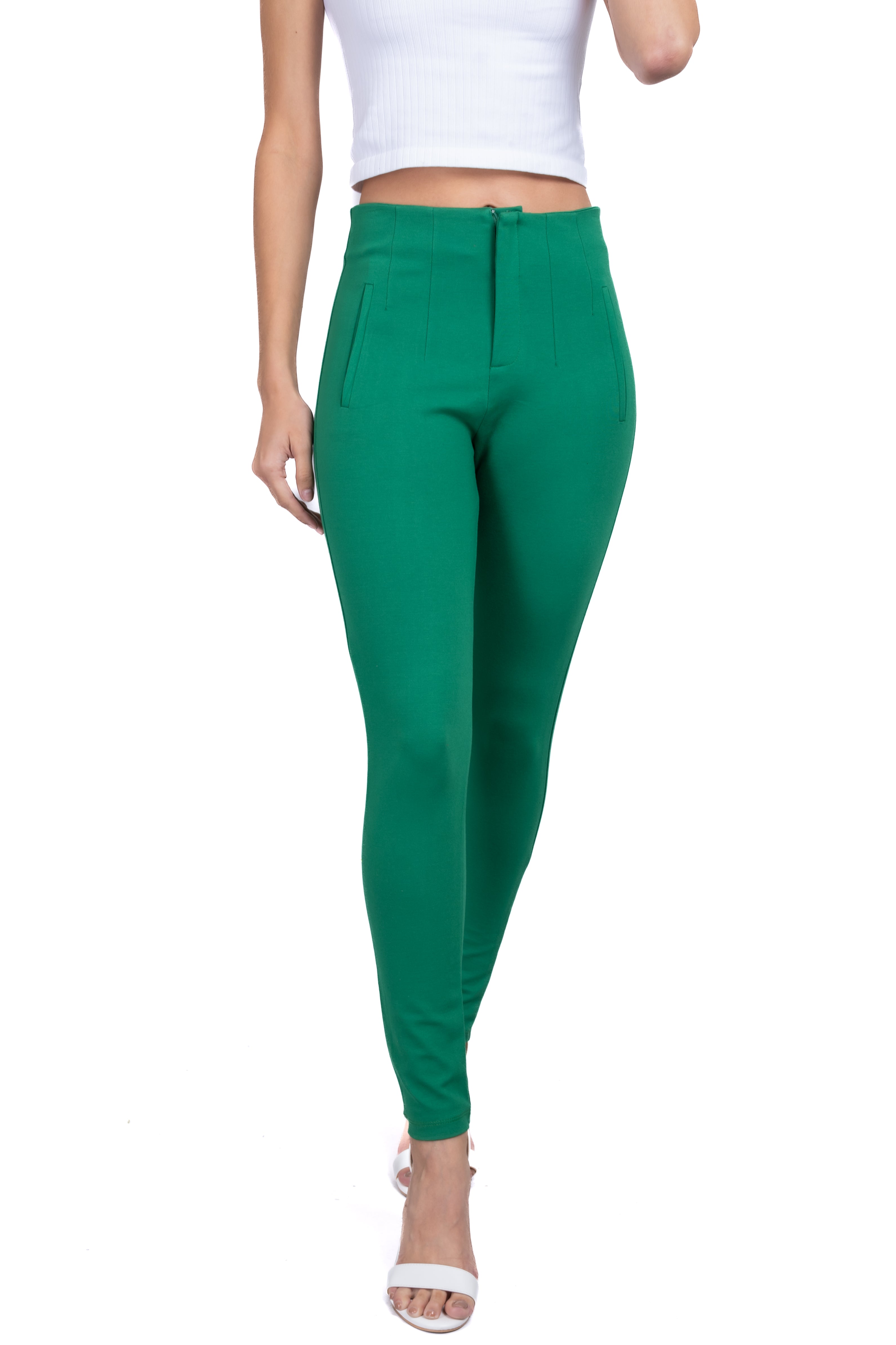 Pantalón Skinny Cintura Alta Pinzas VERDE PASTO