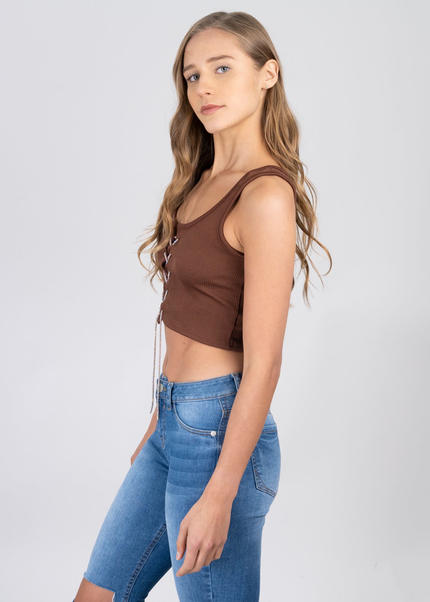 Top Lace Up Sharmed Sleeves COFFEE