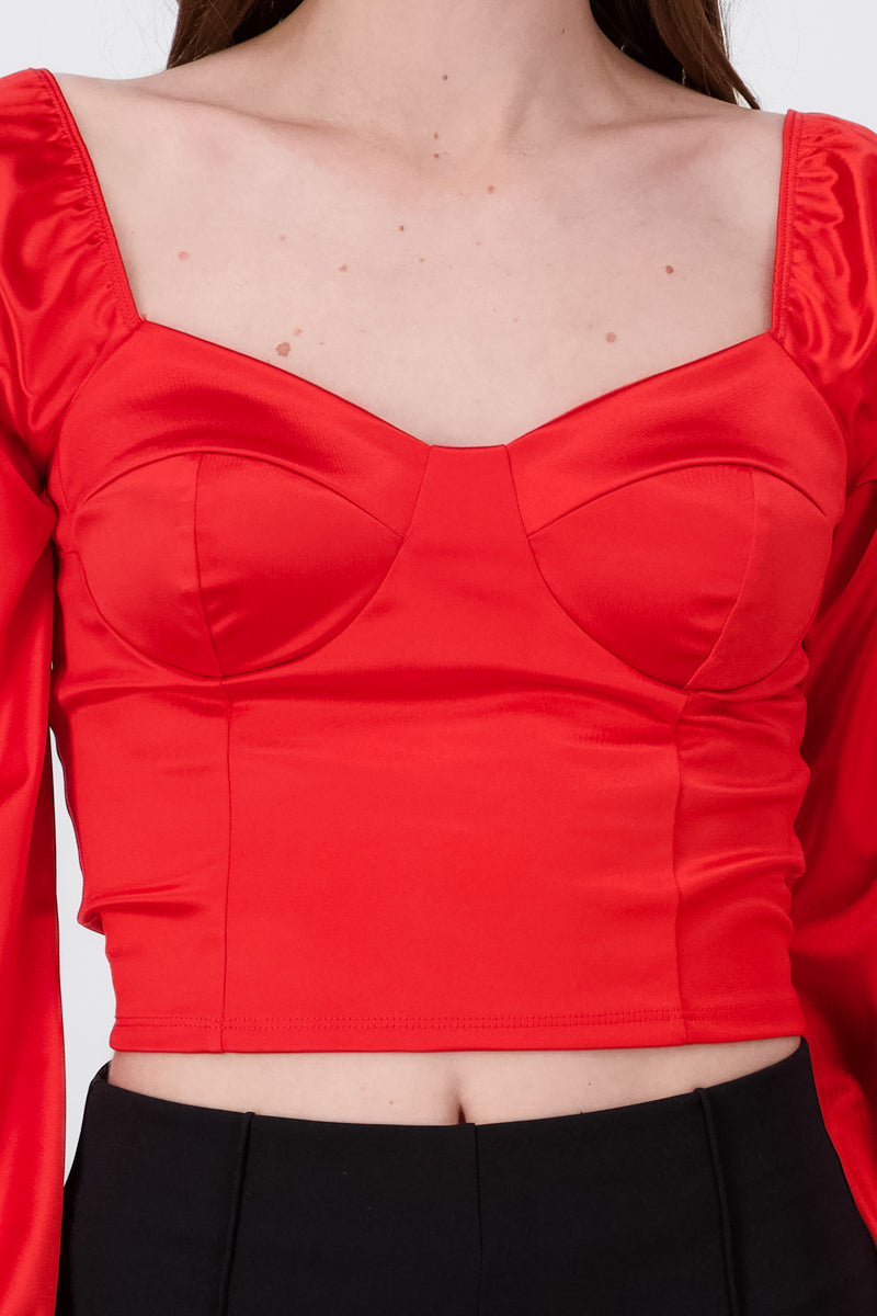 Blusa crop bustier satín ROJO QUEMADO