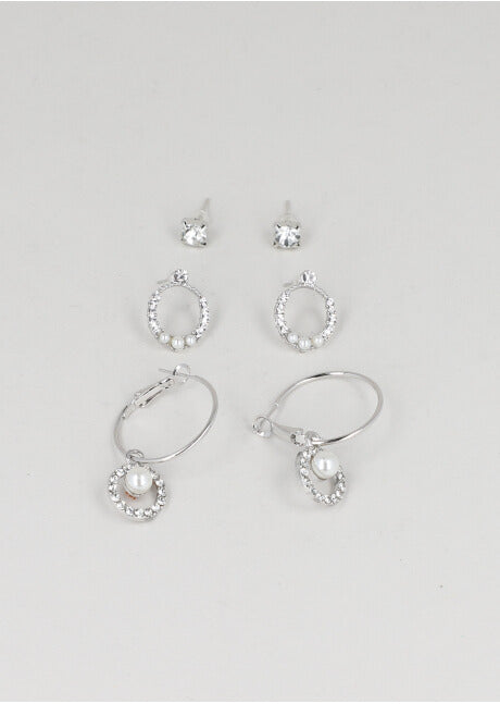 Set 3 Pares Aretes Perla Brillos PLATA