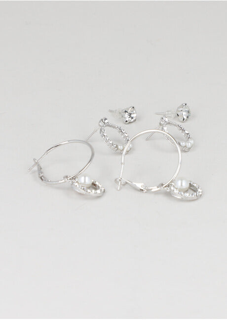 Set 3 Pares Aretes Perla Brillos PLATA