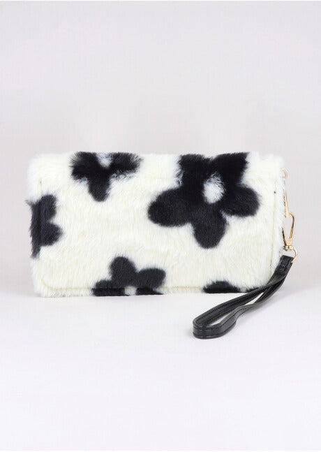 Cartera peluche flores NEGRO BLANCO