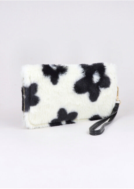 Cartera peluche flores NEGRO BLANCO