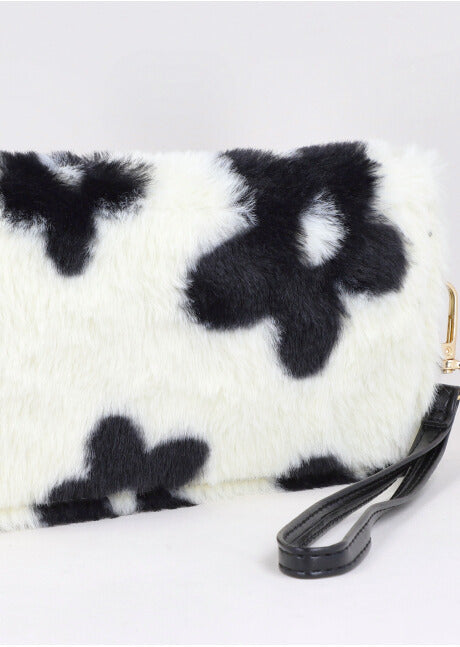 Cartera peluche flores NEGRO BLANCO